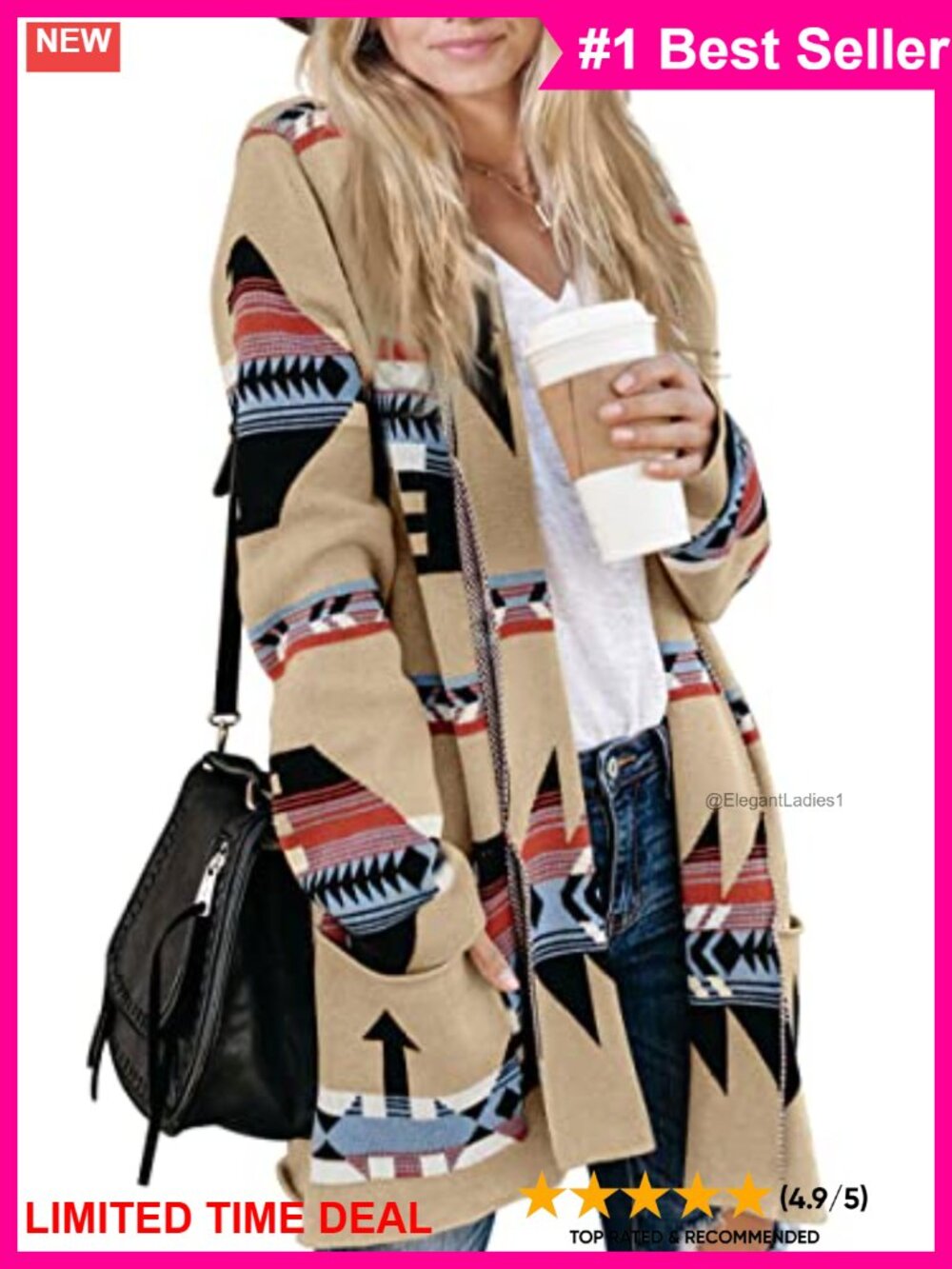 Boho Aztec Open Front Long Sleeve Shawl Collar Knit Cardigan Sweater Coat